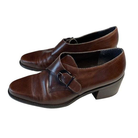 Bandolino Alanta Brown Leather Buckle Monk Strap Stacked Heel Shoes Size 9 - Picture 4 of 13